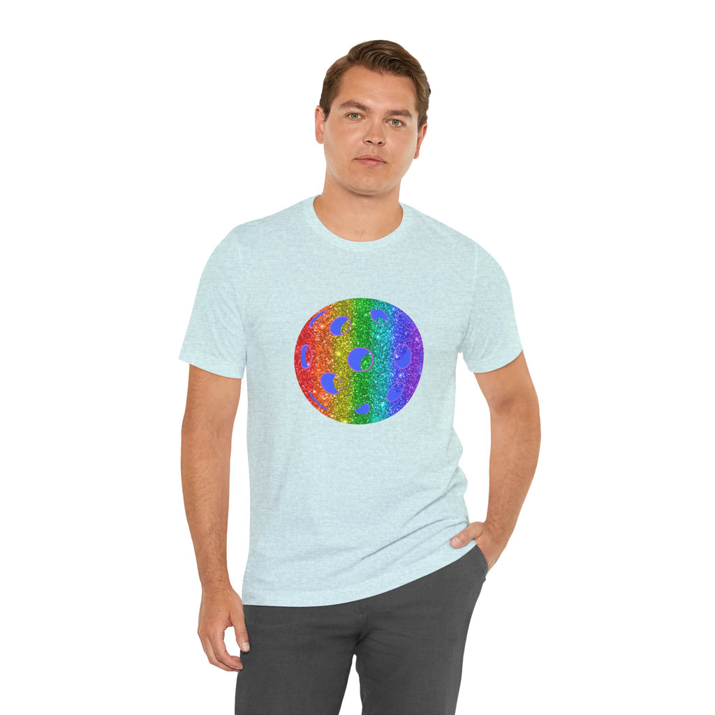 Rainbow glitter pickleball pride T-shirt from Printify featuring bold "Loud and Proud" design and colorful pickleball imagery.