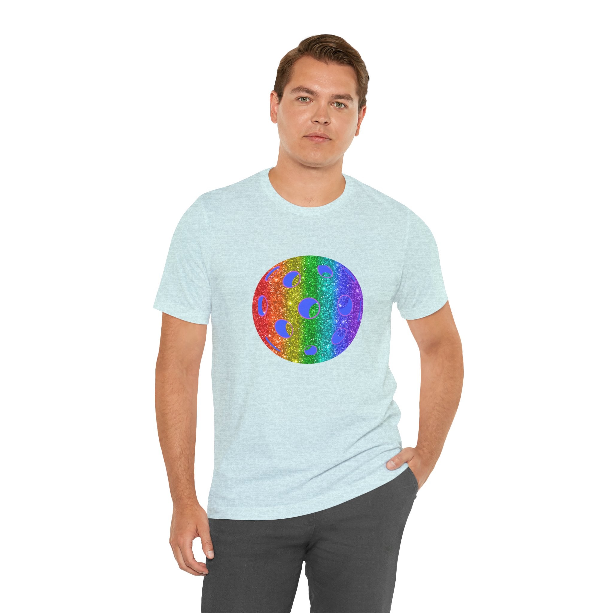 Rainbow glitter pickleball pride T-shirt from Printify featuring bold "Loud and Proud" design and colorful pickleball imagery.