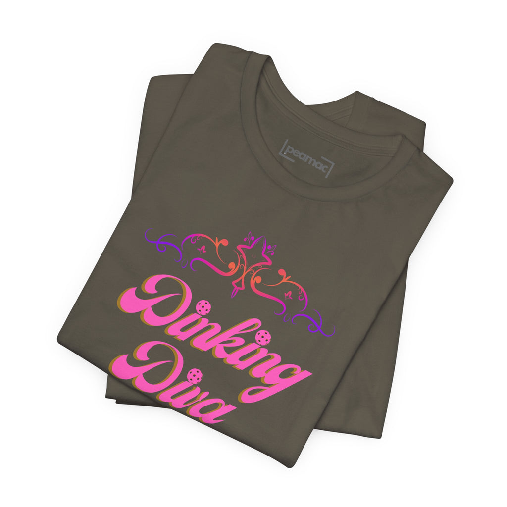Pink Dinking Diva Pickleball T-Shirt with filigree athletic design by Printify, featuring a comfortable fit and vibrant color.