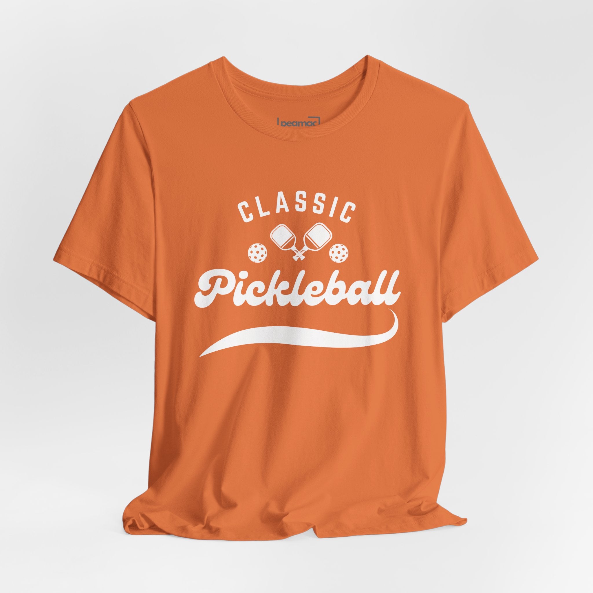 Classic pickleball T-shirt with "Pickleball" script design, comfortable cotton fabric, perfect for pickleball players and enthusiasts.