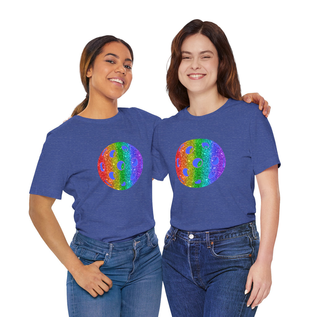 Rainbow glitter pickleball T-shirt with "Loud and Proud" slogan, celebrating pride and LGBTQ+ awareness, made by Printify.