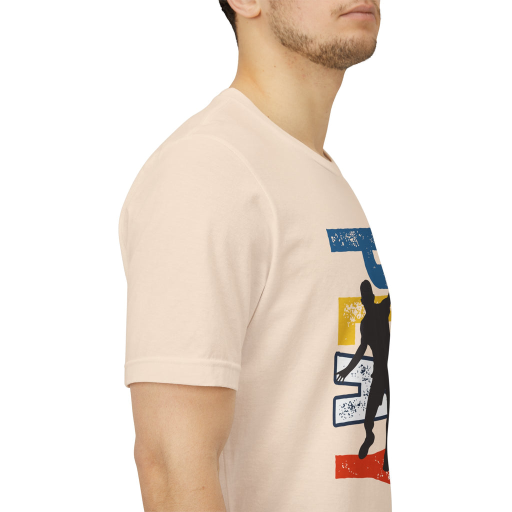Men's Retro Pickleball Action T-Shirt featuring a dynamic front silhouette and vertical 'PICKLEBALL' text on the back.