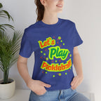 Neon orange and electric green pickleball rally t-shirt with court graphic by Printify, casual sportswear for active play.