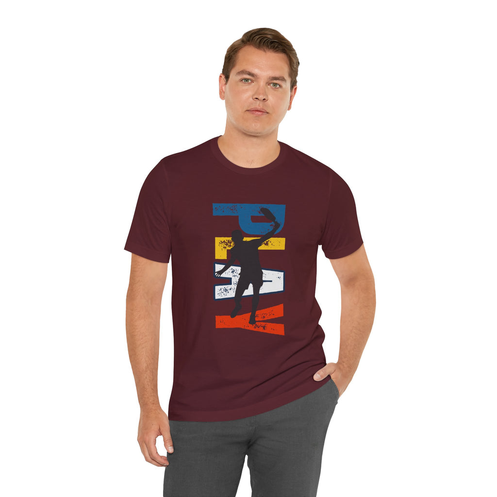 Men's Retro Pickleball Action T-shirt featuring a dynamic front silhouette and vertical 'PICKLEBALL' text on the back.