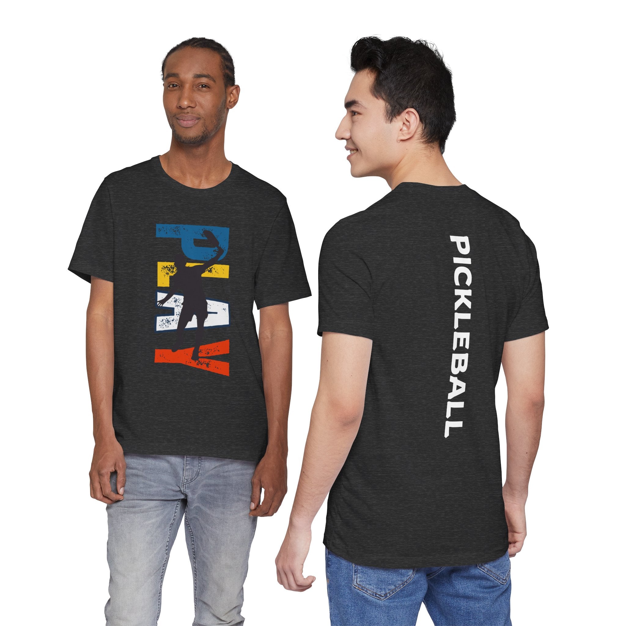 Men's Retro Pickleball Action T-shirt with dynamic front silhouette and vertical "PICKLEBALL" text on the back.