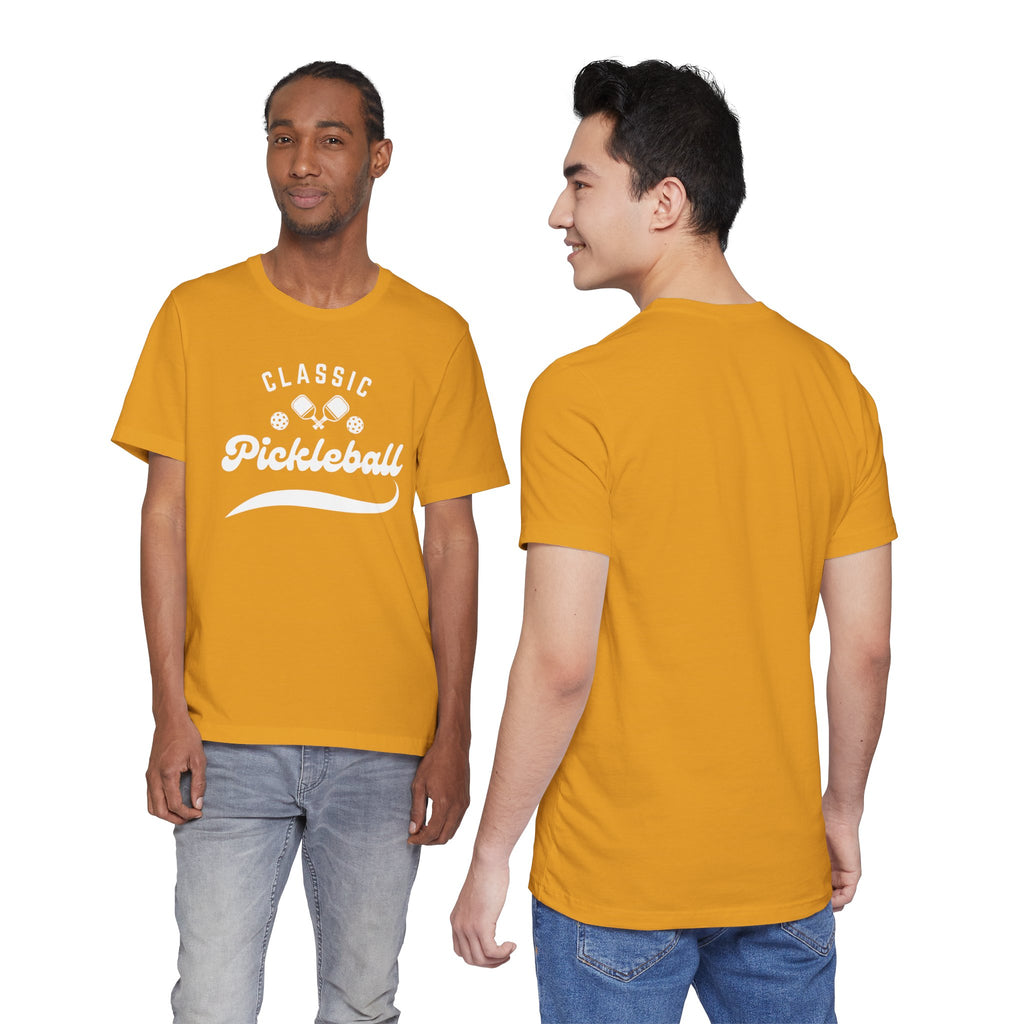 Classic pickleball T-shirt with "Pickleball" script design by Printify, featuring a casual fit and vibrant print on soft fabric.