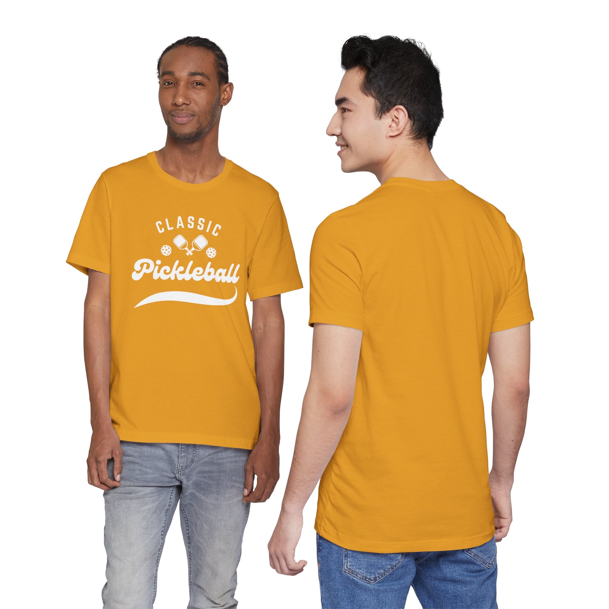 Classic pickleball T-shirt with "Pickleball" script design by Printify, featuring a casual fit and vibrant print on soft fabric.