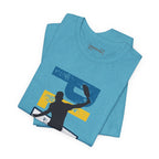 Men's Retro Pickleball Action T-shirt with dynamic front silhouette and vertical "PICKLEBALL" text on the back, by Printify.