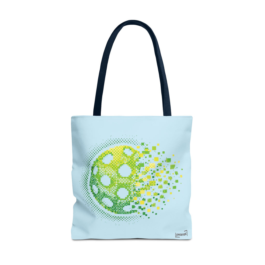 Pixelated pickleball tote bag in green, yellow, and light blue with digital smash design, 18x18 inches, by Printify.