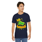 Neon orange and electric green pickleball rally tee with court graphic, casual printify T-shirt for sports fans and activewear enthusiasts.
