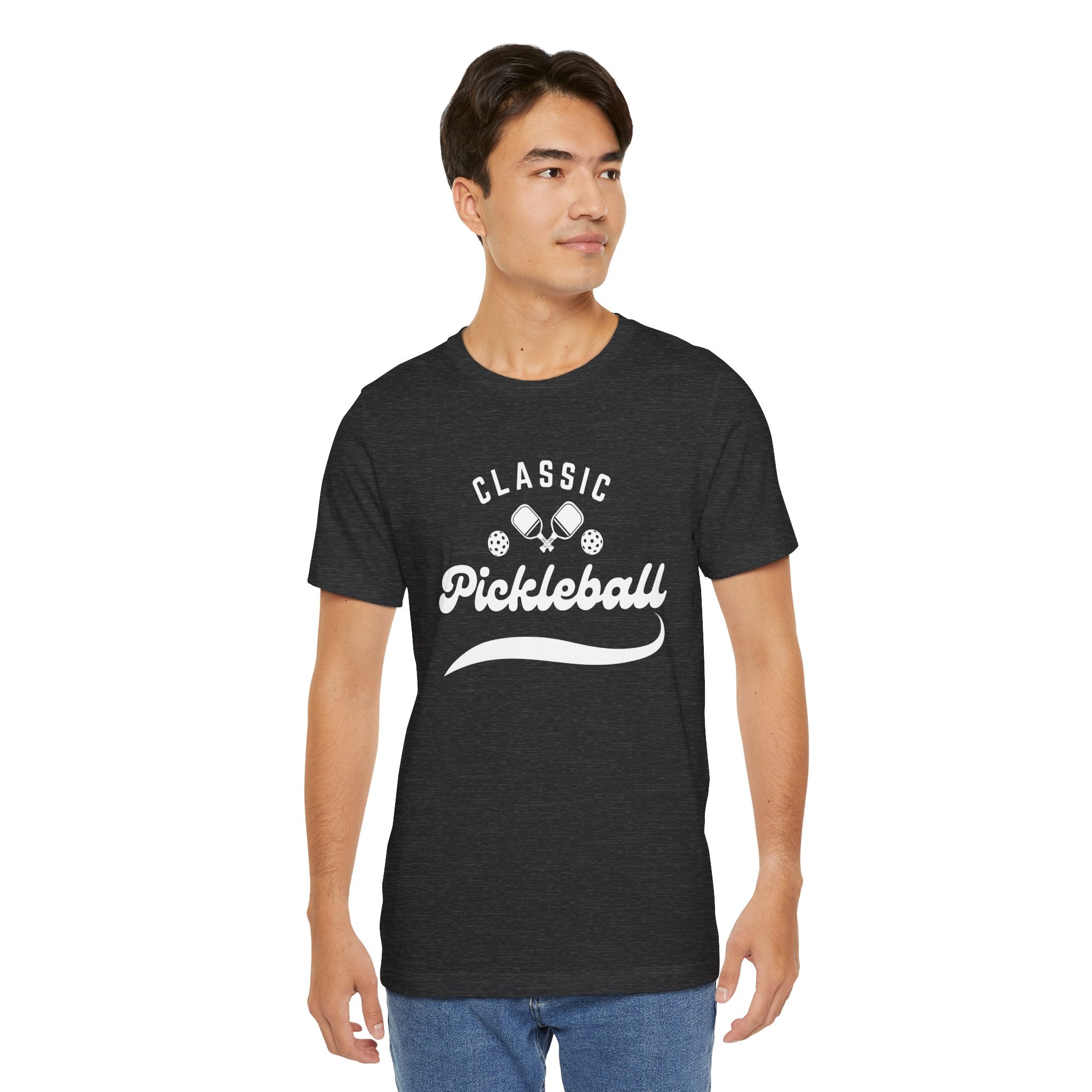 White Classic Pickleball Tee with "Pickleball" script design, casual t-shirt for pickleball enthusiasts, by Printify.