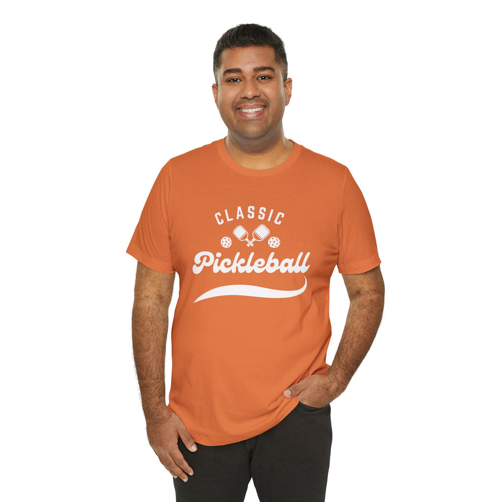 Classic pickleball T-shirt with "Pickleball" script design, casual cotton tee for pickleball players and enthusiasts.