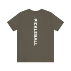 Men's Retro Pickleball Action T-shirt featuring dynamic front silhouette and vertical "PICKLEBALL" text on the back.