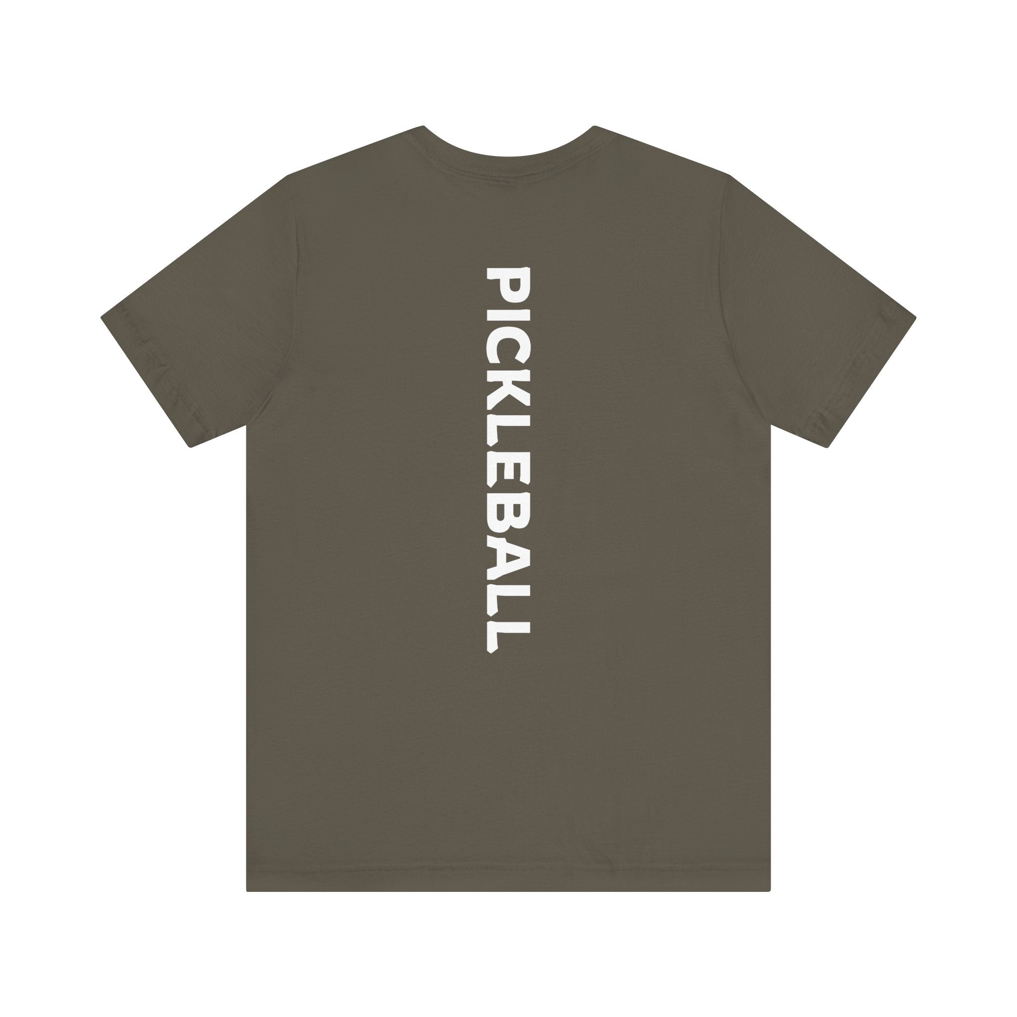 Men's Retro Pickleball Action T-shirt featuring dynamic front silhouette and vertical "PICKLEBALL" text on the back.