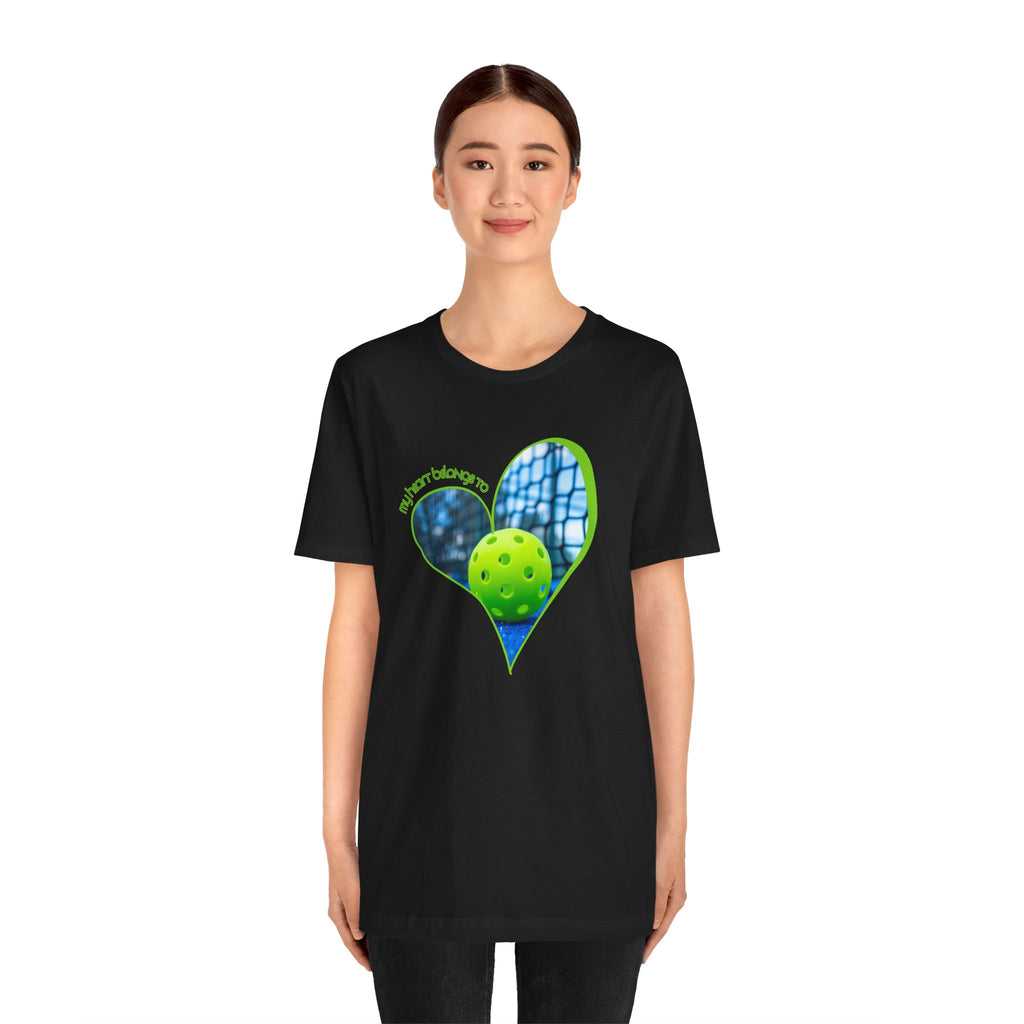 White Pickleball T-shirt with "My Heart Belongs to Pickleball" text, designed for players and fans, by Printify.