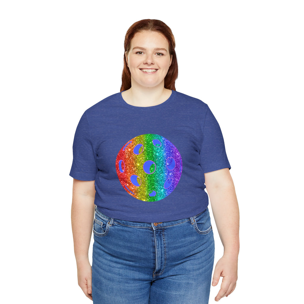 Rainbow glitter pickleball T-shirt with "Sparkle Loud and Proud" slogan, celebrating pride and inclusivity, by Printify.