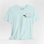 Personalized pickleball T-shirt with custom name and club graphic design, featuring a paddle illustration, by Printify.