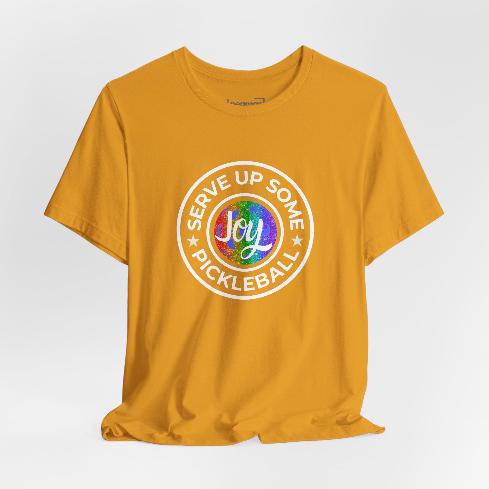 LGBTQ2 pride T-shirt featuring pickleball graphics, colorful rainbow design, and "Serve Up Some Pickleball Joy" text on a Printify tee.