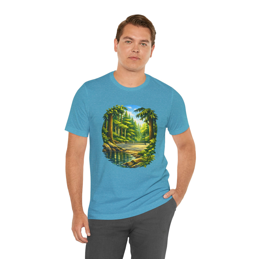 Unisex Hidden Forest Pickleball T-Shirt with Bainbridge Island tribute logo, featuring forest graphic on casual cotton tee.
