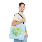 Printify Matrix Burst pickleball tote bag in green, yellow, and light blue with 18-inch dimensions, designed for sports and travel.