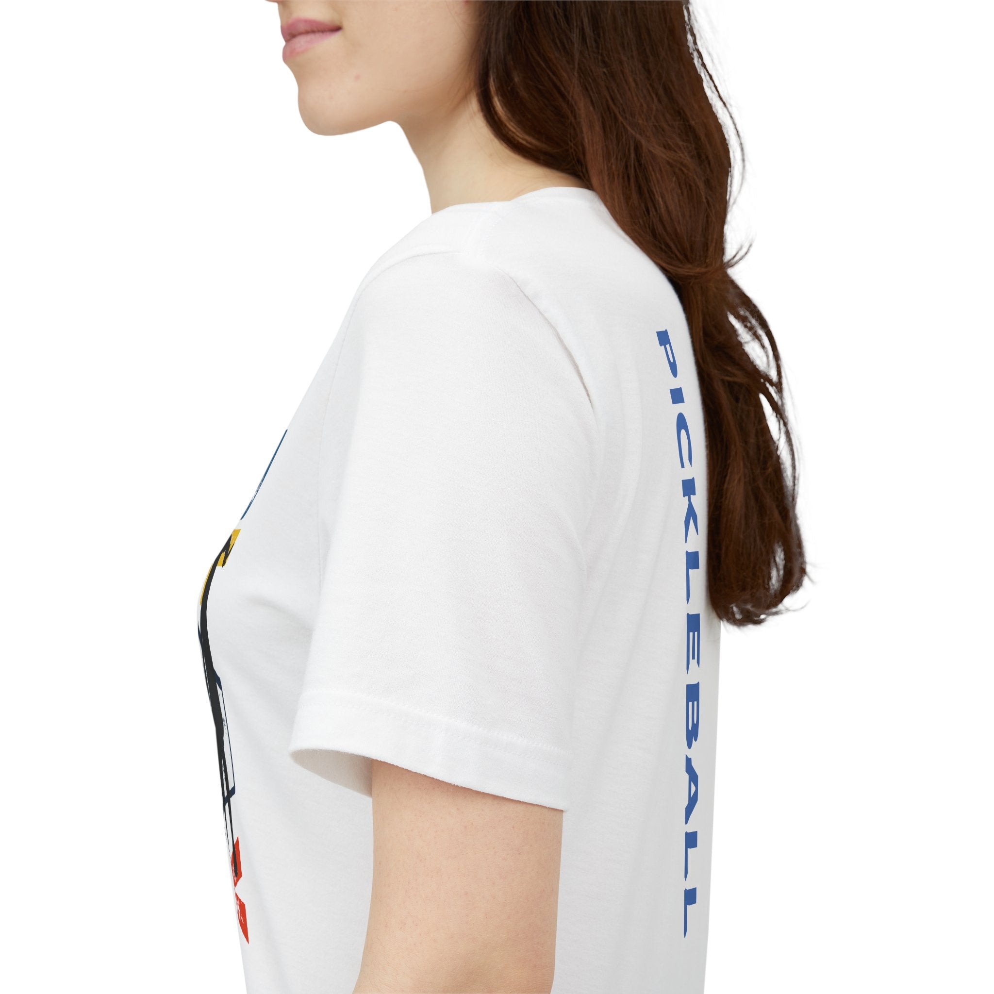 Women's retro-inspired Pickleball T-shirt with vertical "PICKLEBALL" back print, featuring a casual, vintage style design.