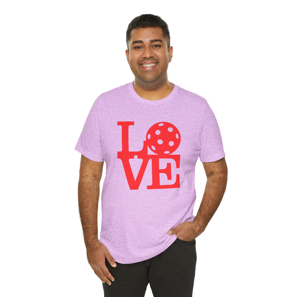 Red LOVE Pickleball graphic T-shirt from Printify featuring bold pop art design on a casual, comfortable cotton tee.