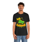 Neon orange and electric green pickleball rally T-shirt with court graphic, casual athletic wear by Printify.