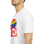 Rainbow LGBTQ2 Pride T-shirt by Printify featuring "LOVE Pickleball" design, colorful pride flag on a comfortable cotton tee.