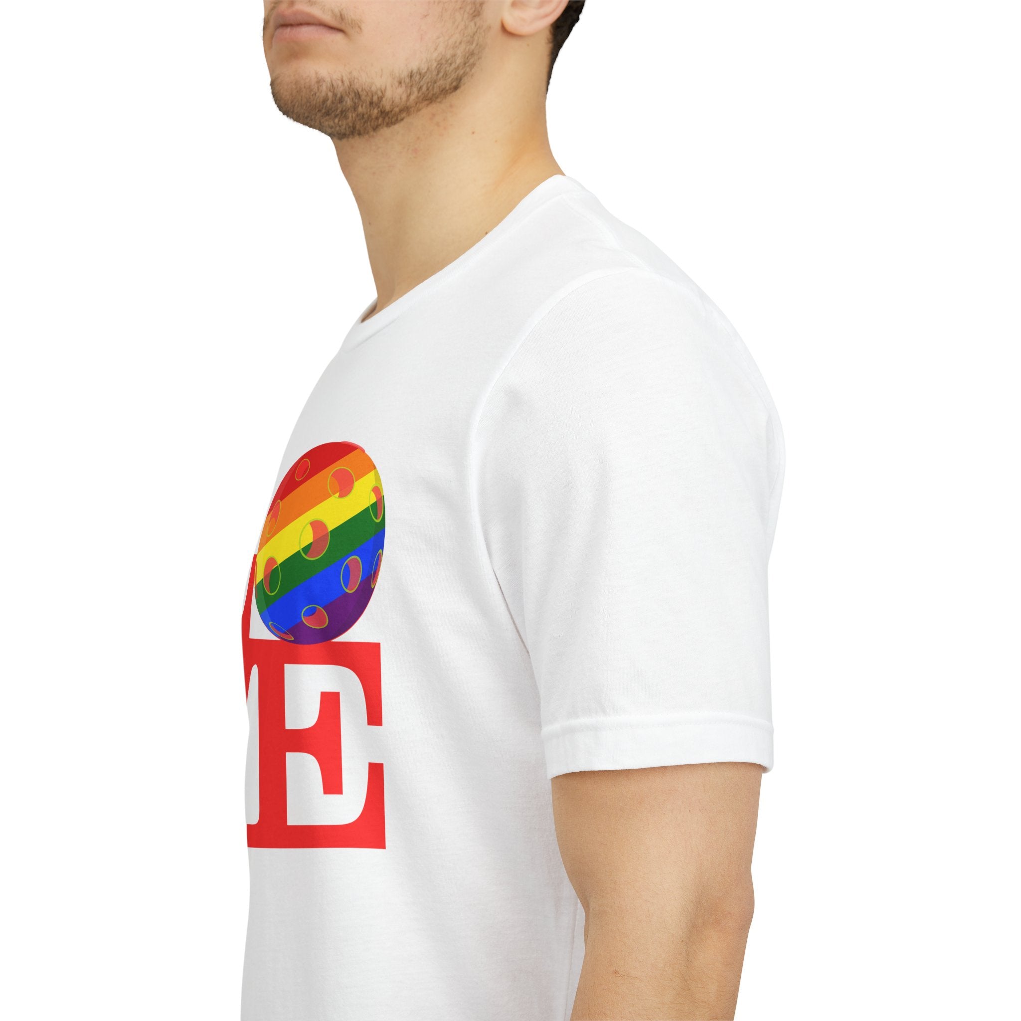 Rainbow LGBTQ2 Pride T-shirt by Printify featuring "LOVE Pickleball" design, colorful pride flag on a comfortable cotton tee.