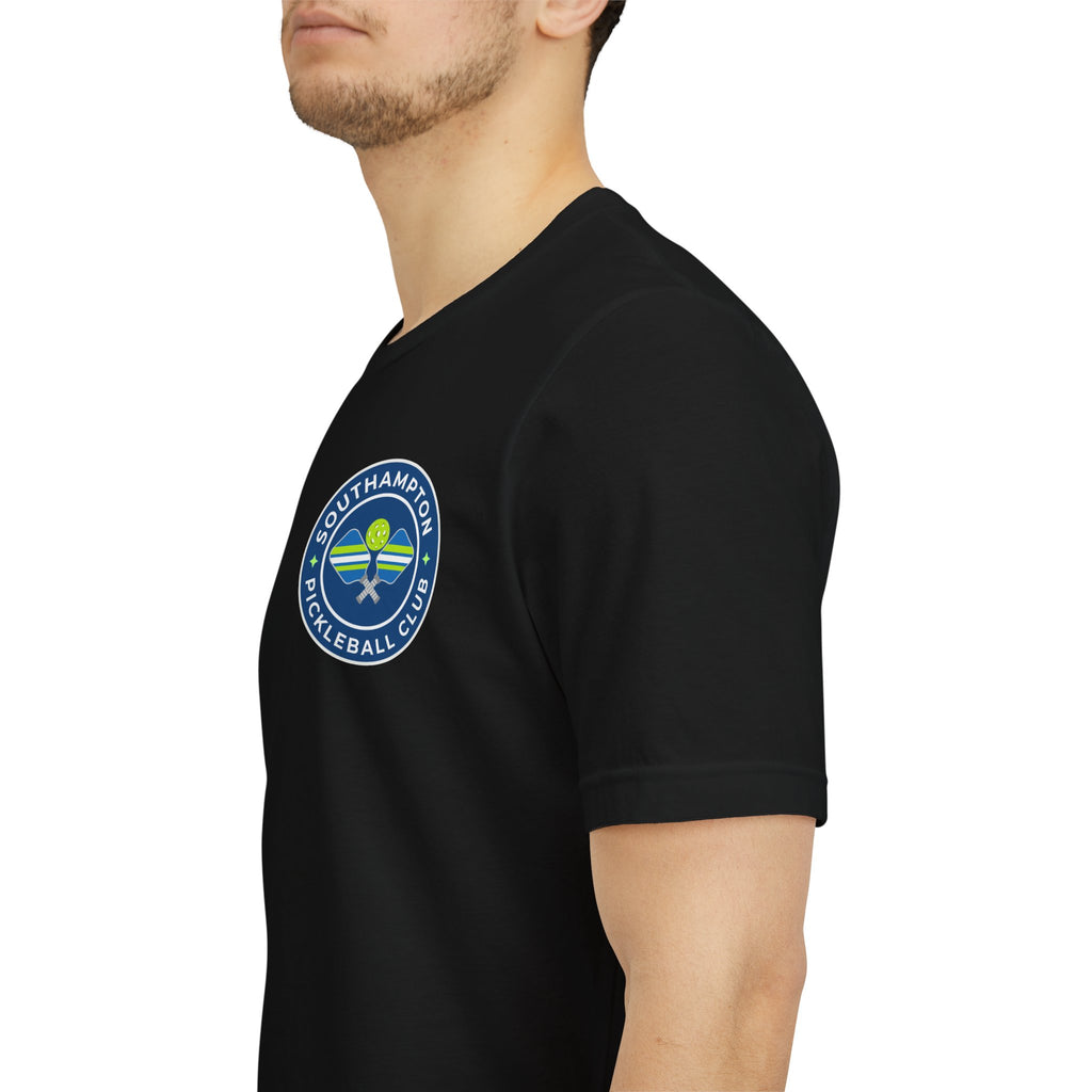 Custom pickleball T-shirt with personalized name sleeve and club logo on the back, designed for pickleball players.