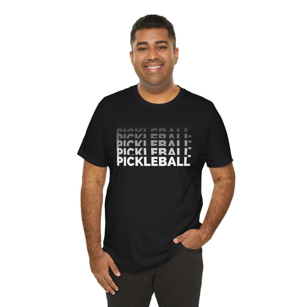 Blue and white Pickleball x5 Gradient Stack T-Shirt with pickleball graphic, casual printify brand tee, worn by a person.
