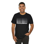 Blue and white Pickleball x5 Gradient Stack T-Shirt with pickleball graphic, casual printify brand tee, worn by a person.