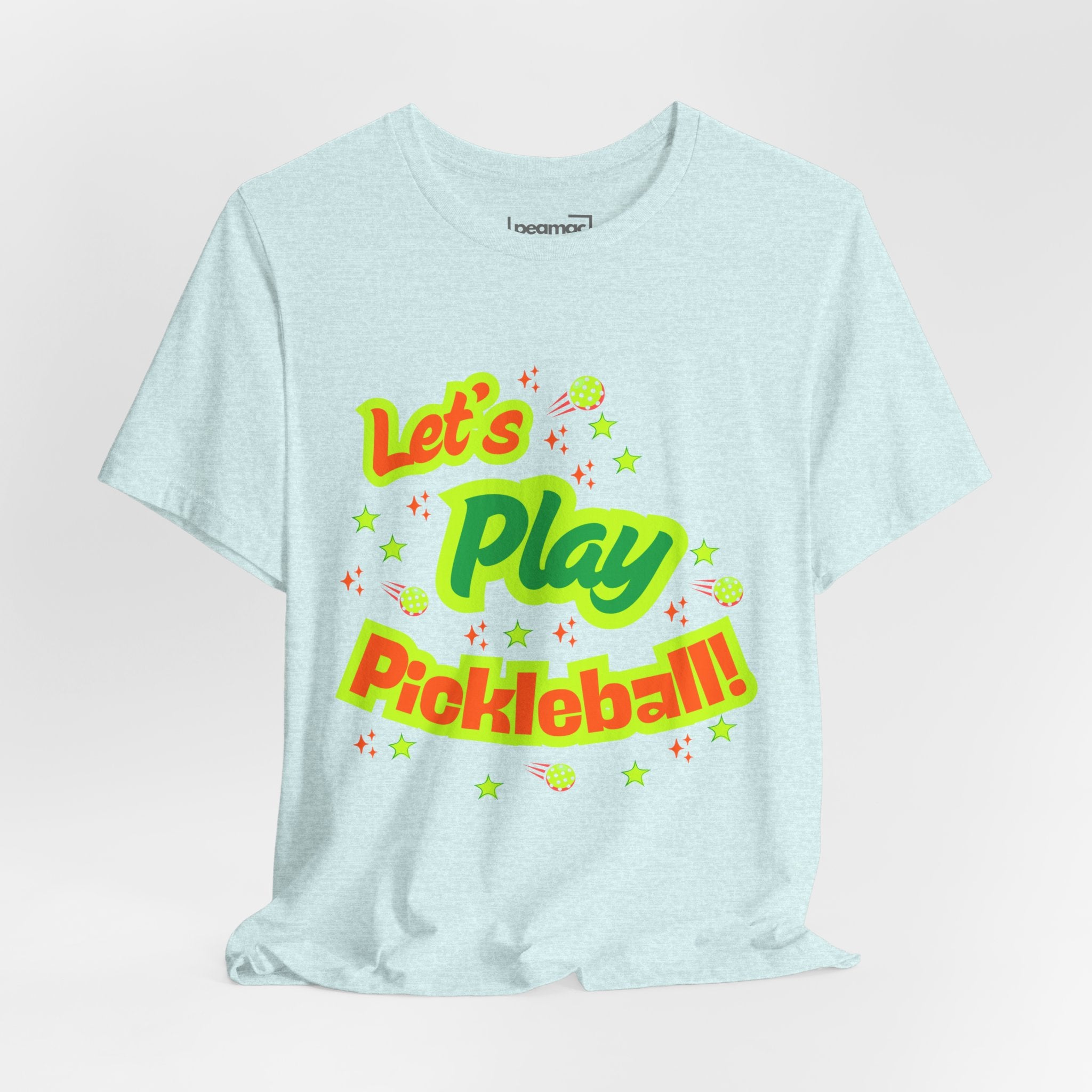 Neon orange and electric green pickleball rally T-shirt with court graphic, men's casual Printify T-shirt, vibrant sports apparel
