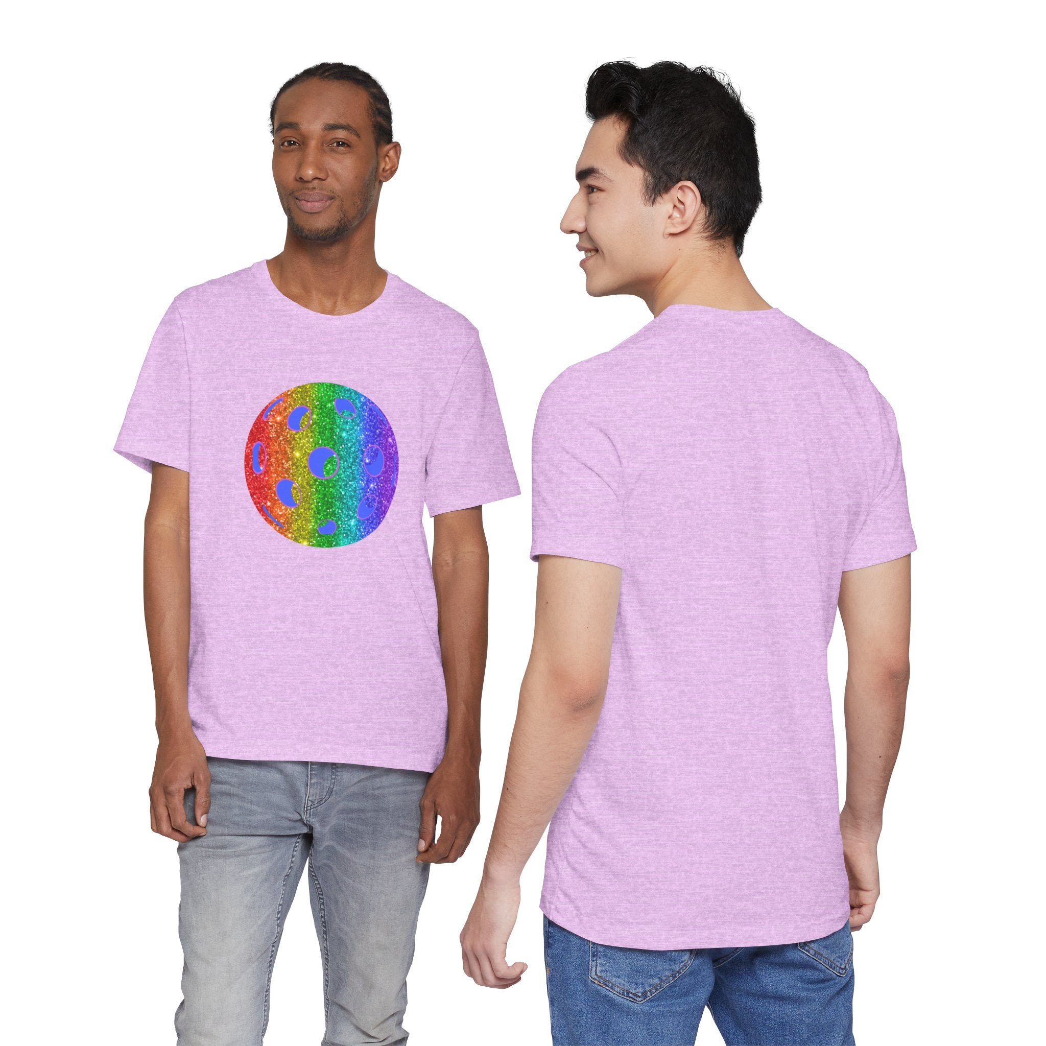 Rainbow glitter pickleball pride T-shirt by Printify featuring bold "Sparkle Loud and Proud" text and colorful rainbow design.