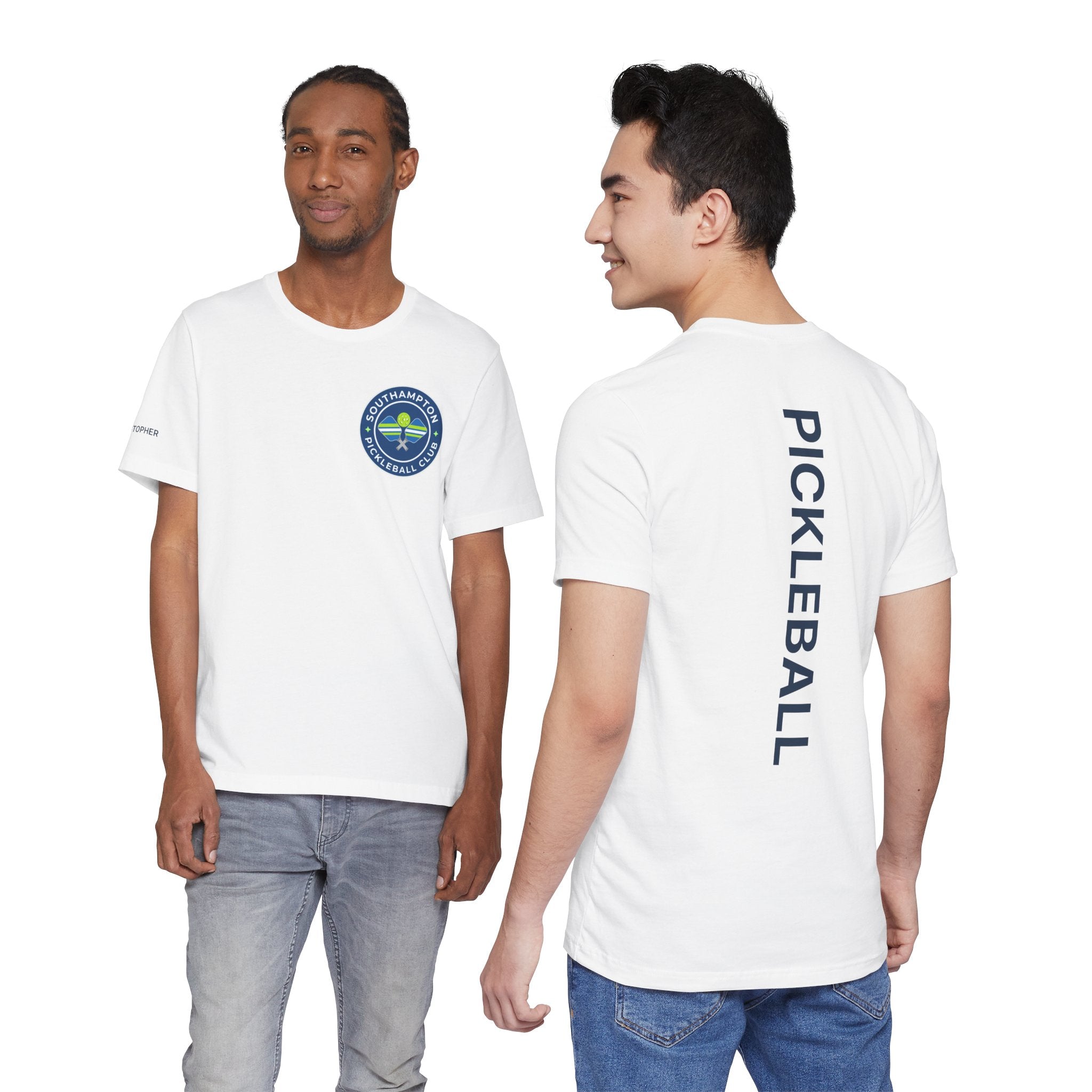 Personalized Pickleball T-shirt by Printify featuring custom name sleeve, club logo, and pickleball graphic on the center back.
