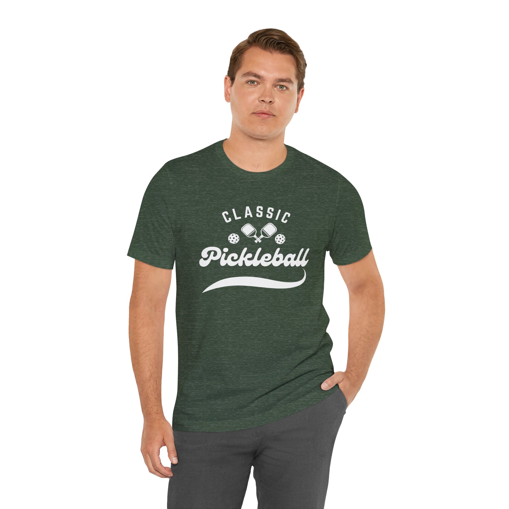 Classic pickleball T-shirt with "Pickleball" script design, comfortable cotton fabric, perfect for pickleball players and enthusiasts.