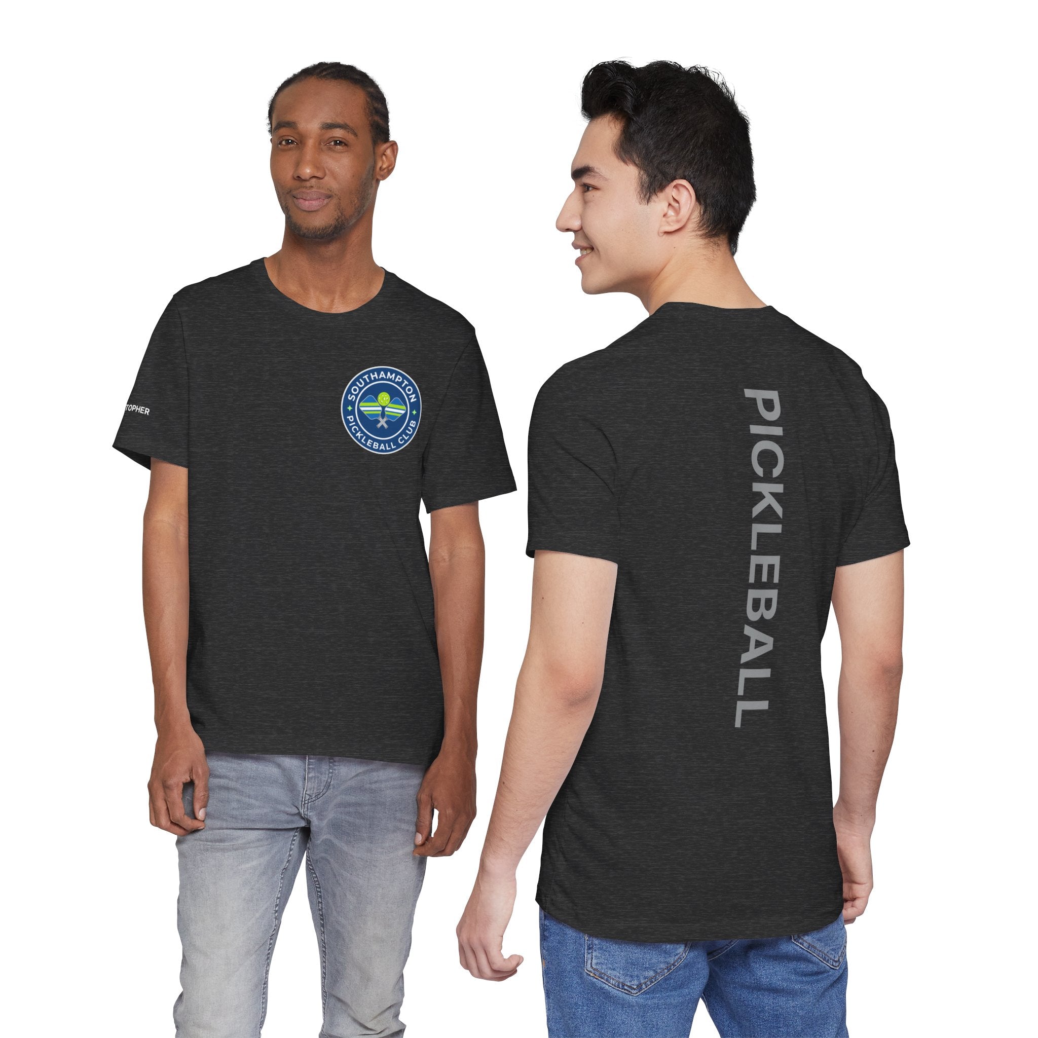 Personalized pickleball T-shirt by Printify featuring custom name sleeve and club logo on the back with pickleball design.