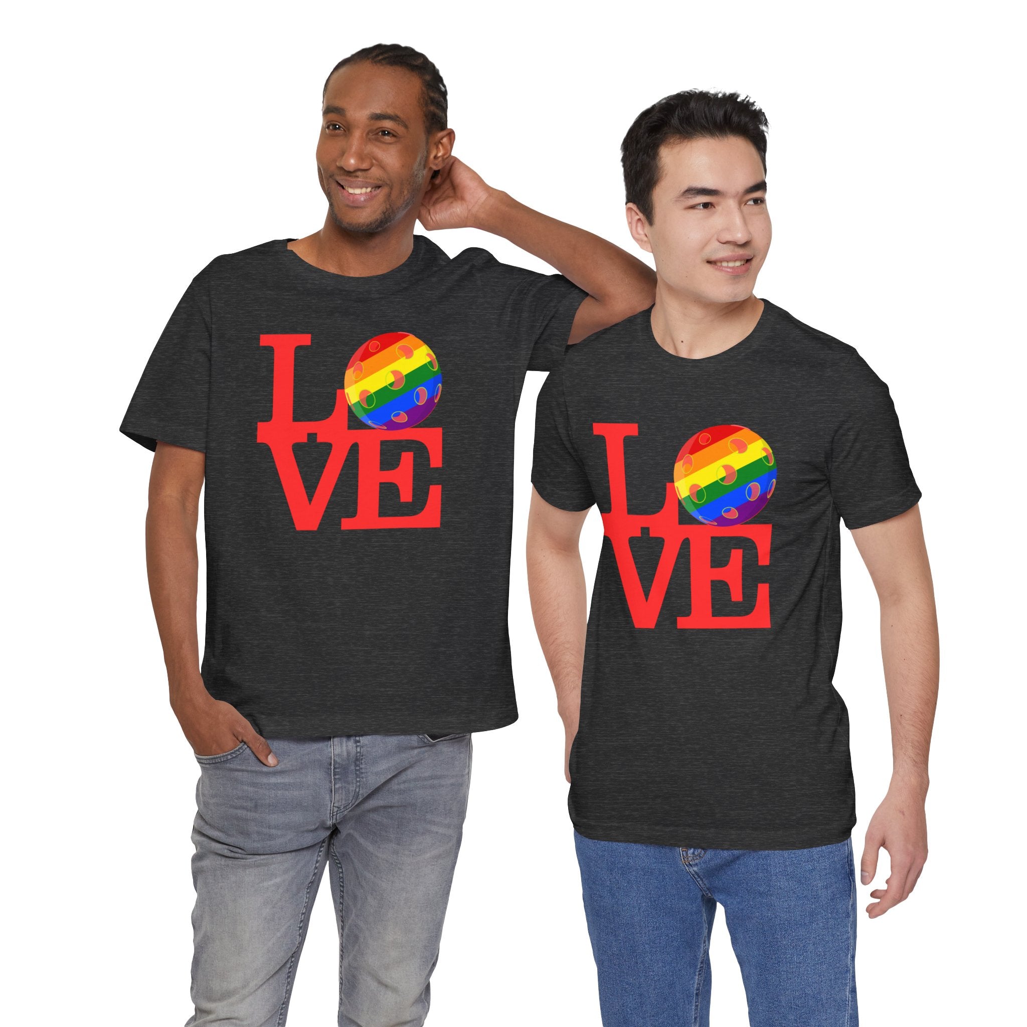 Rainbow LGBTQ2 pride T-shirt featuring the LOVE Pickleball logo, colorful design on a comfortable Printify T-shirt.