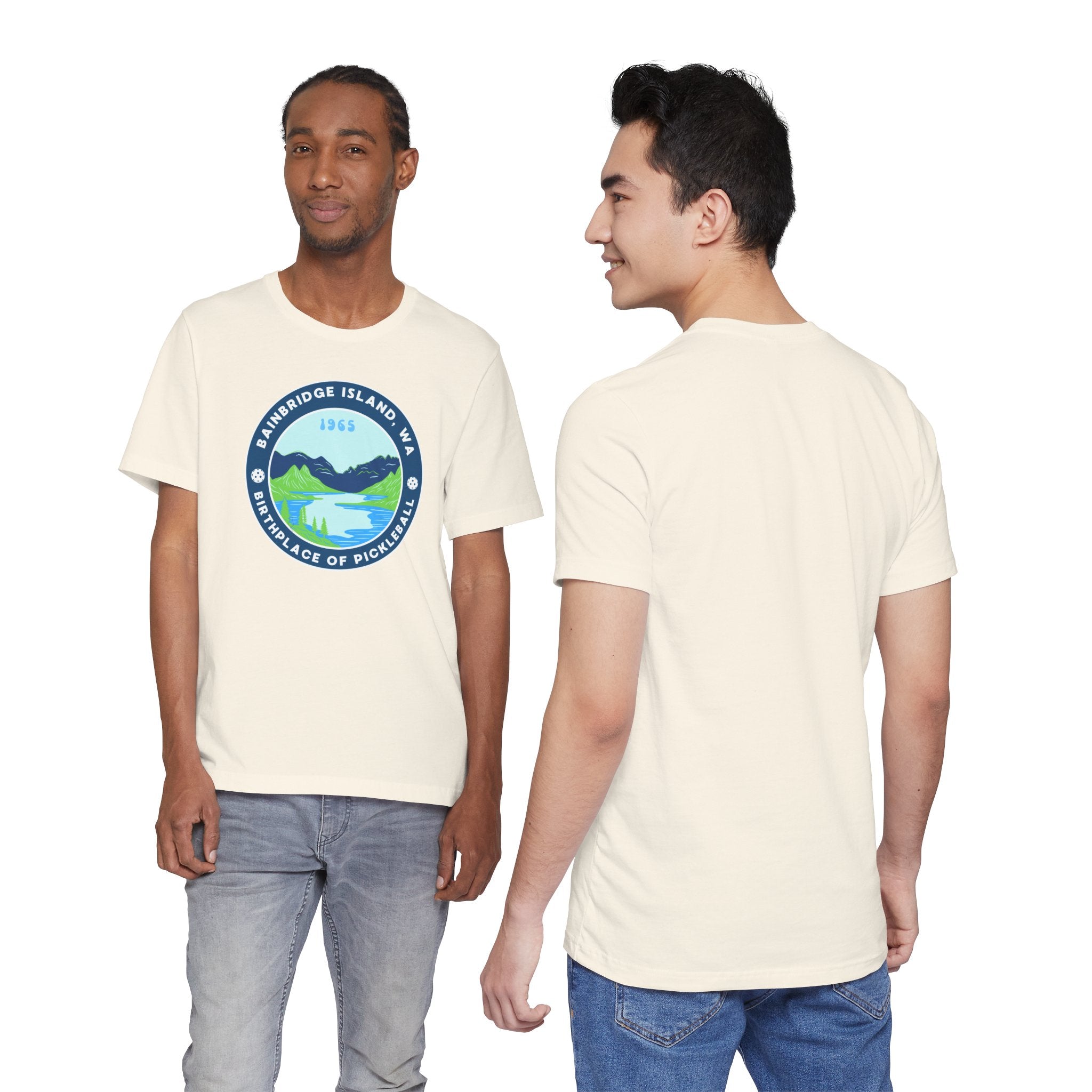 Unisex Bainbridge Island Pickleball T-Shirt with "Birthplace of Pickleball 1965" print, featuring a casual design and comfortable fit.