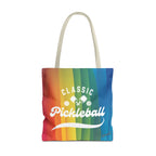 Colorful Pickleball Classic Rainbow Tote Bag with crossed paddles script design, perfect for sports and casual outings.