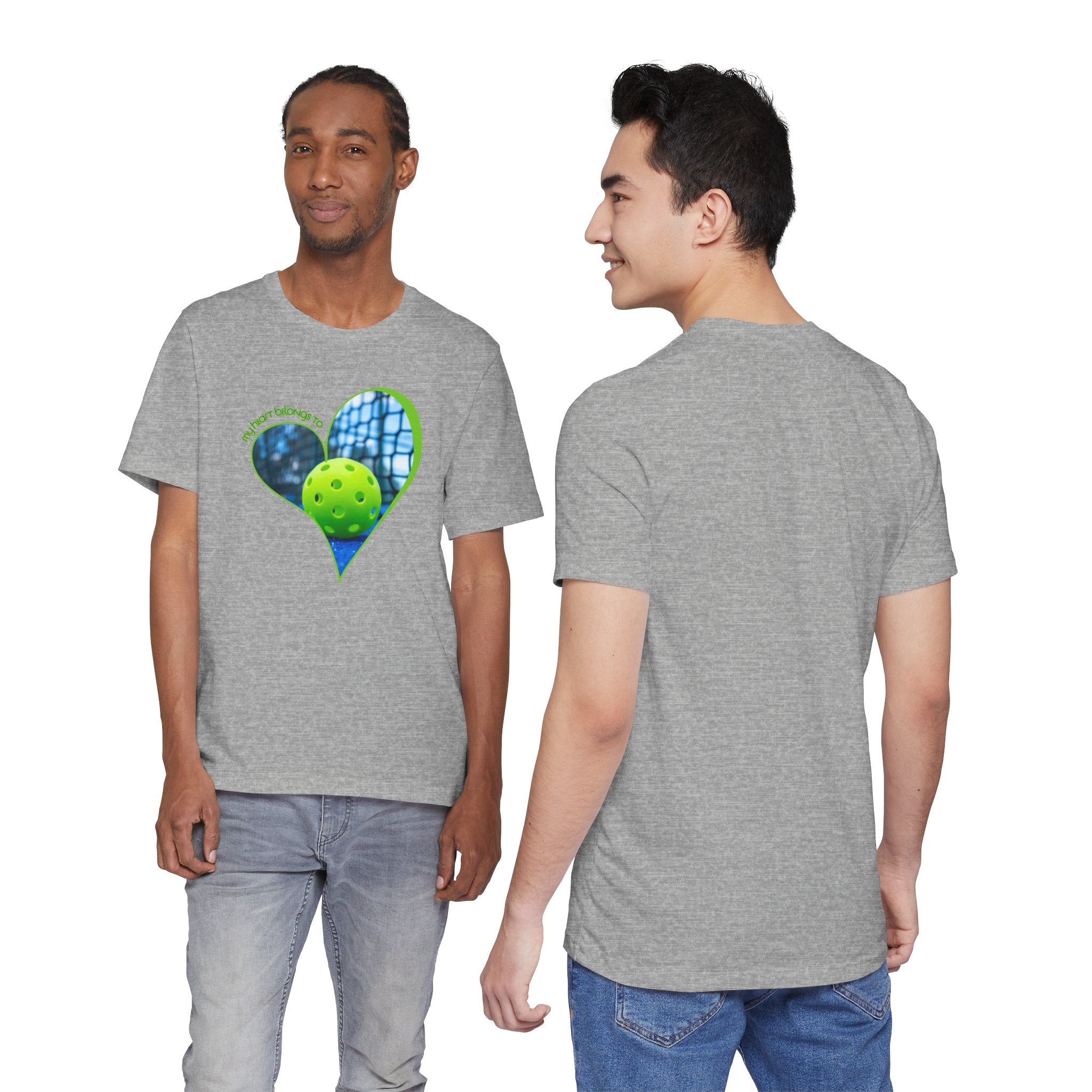 White Pickleball T-shirt with "My Heart Belongs to Pickleball" slogan, suitable for players and fans, by Printify.