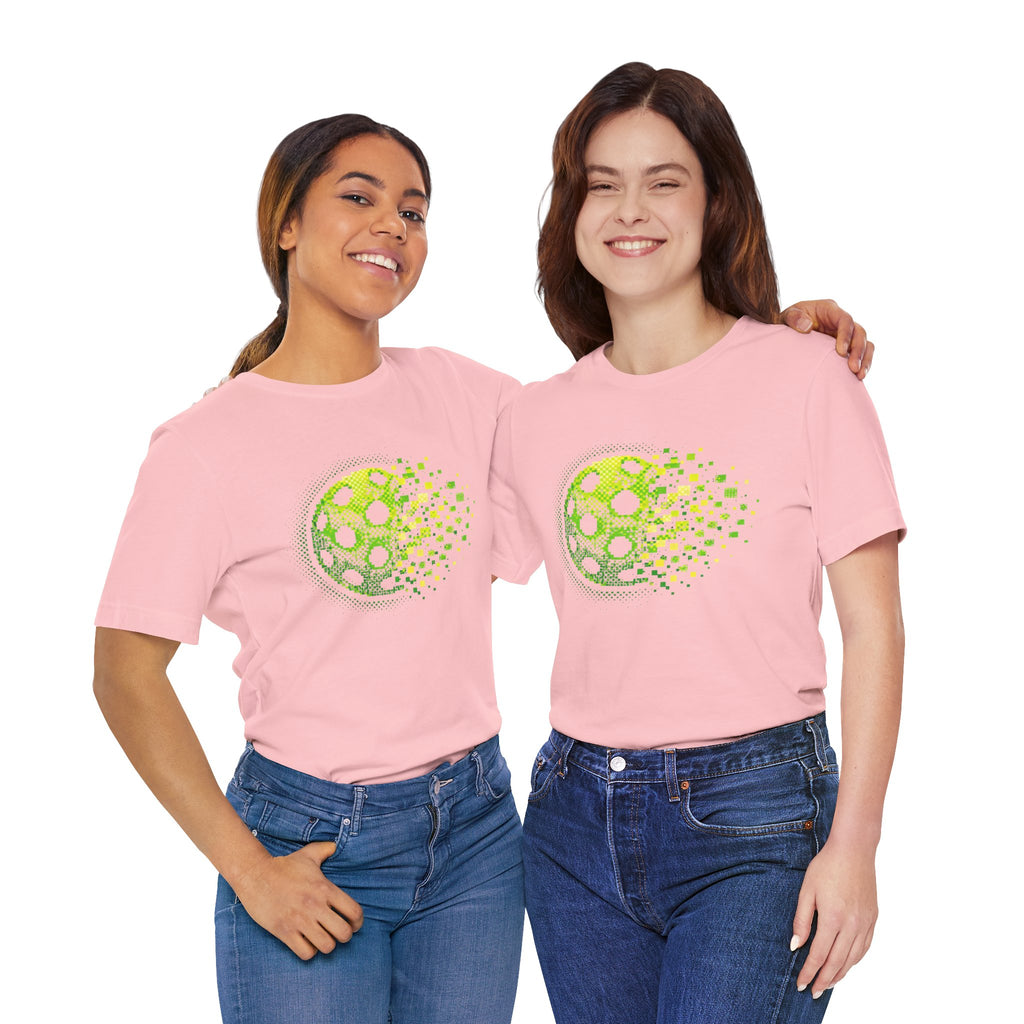 Green Matrix Burst Pickleball Tee with retro court graphic, short-sleeve T-shirt by Printify featuring bold pickleball design.
