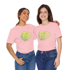 Green Matrix Burst Pickleball Tee with retro court graphic, short-sleeve T-shirt by Printify featuring bold pickleball design.