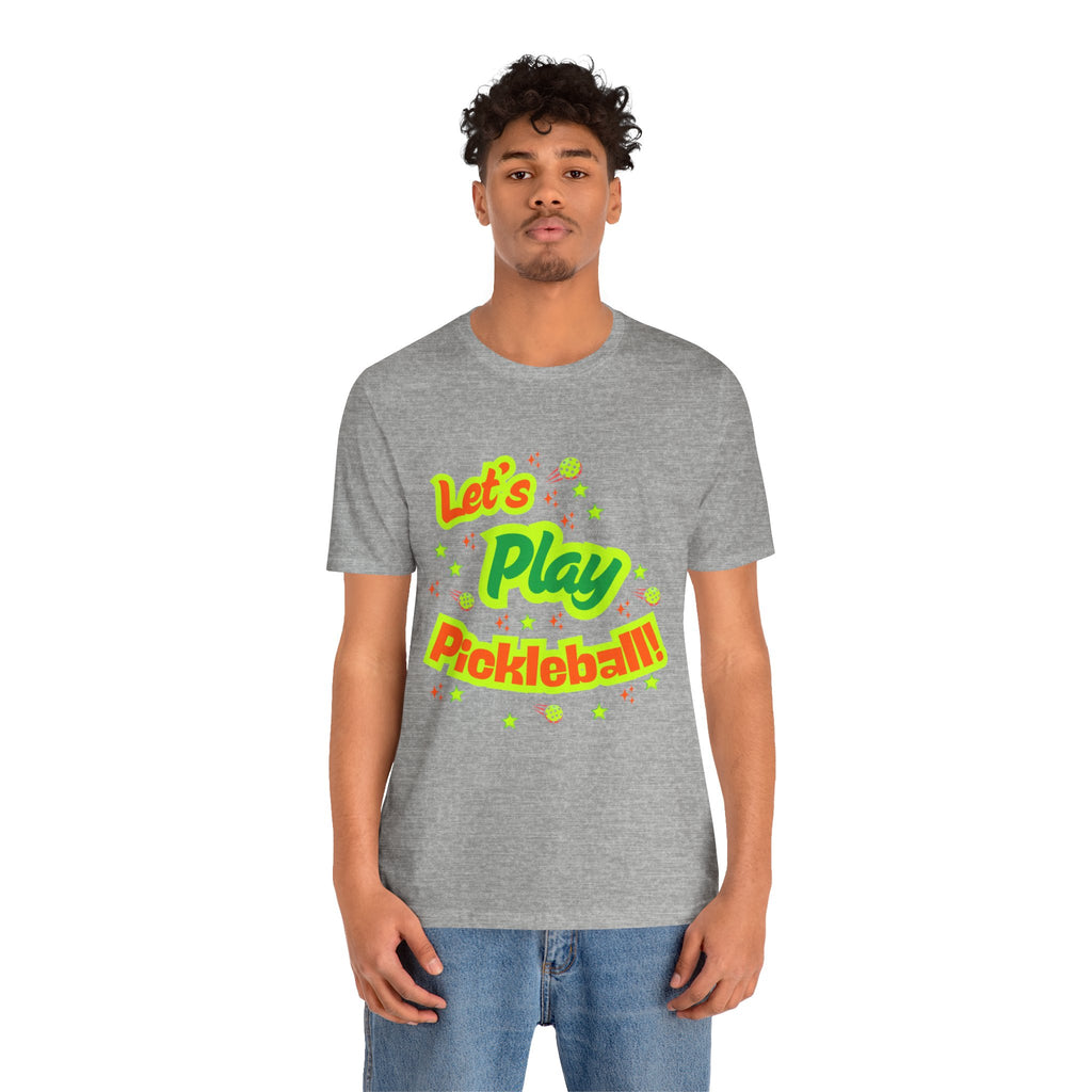 Neon orange and electric green Pickleball Rally Tee with court graphic, casual T-shirt by Printify featuring vibrant colors.