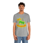 Neon orange and electric green pickleball rally graphic T-shirt by Printify, featuring vibrant court design on a casual tee.