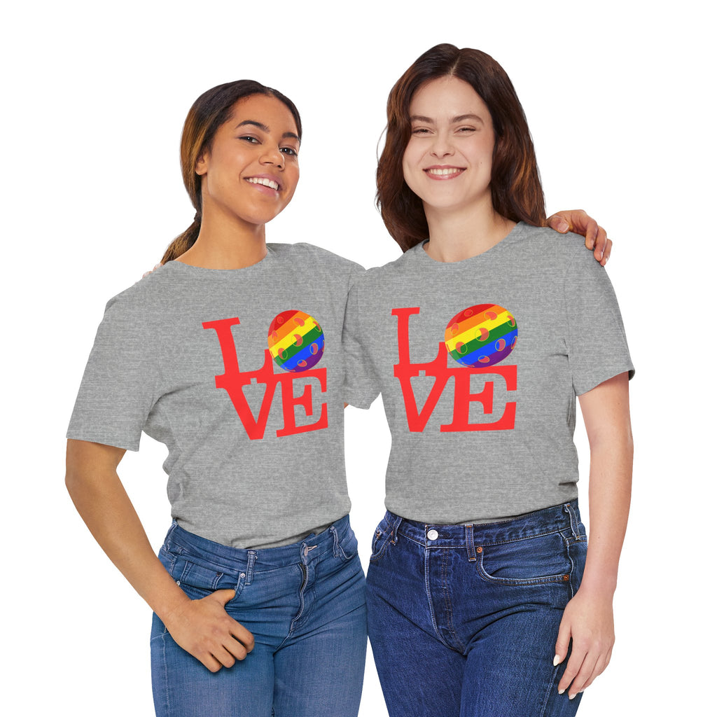 Rainbow LGBTQ2 Pride T-shirt featuring the LOVE Pickleball logo, colorful design, and comfortable cotton fabric.