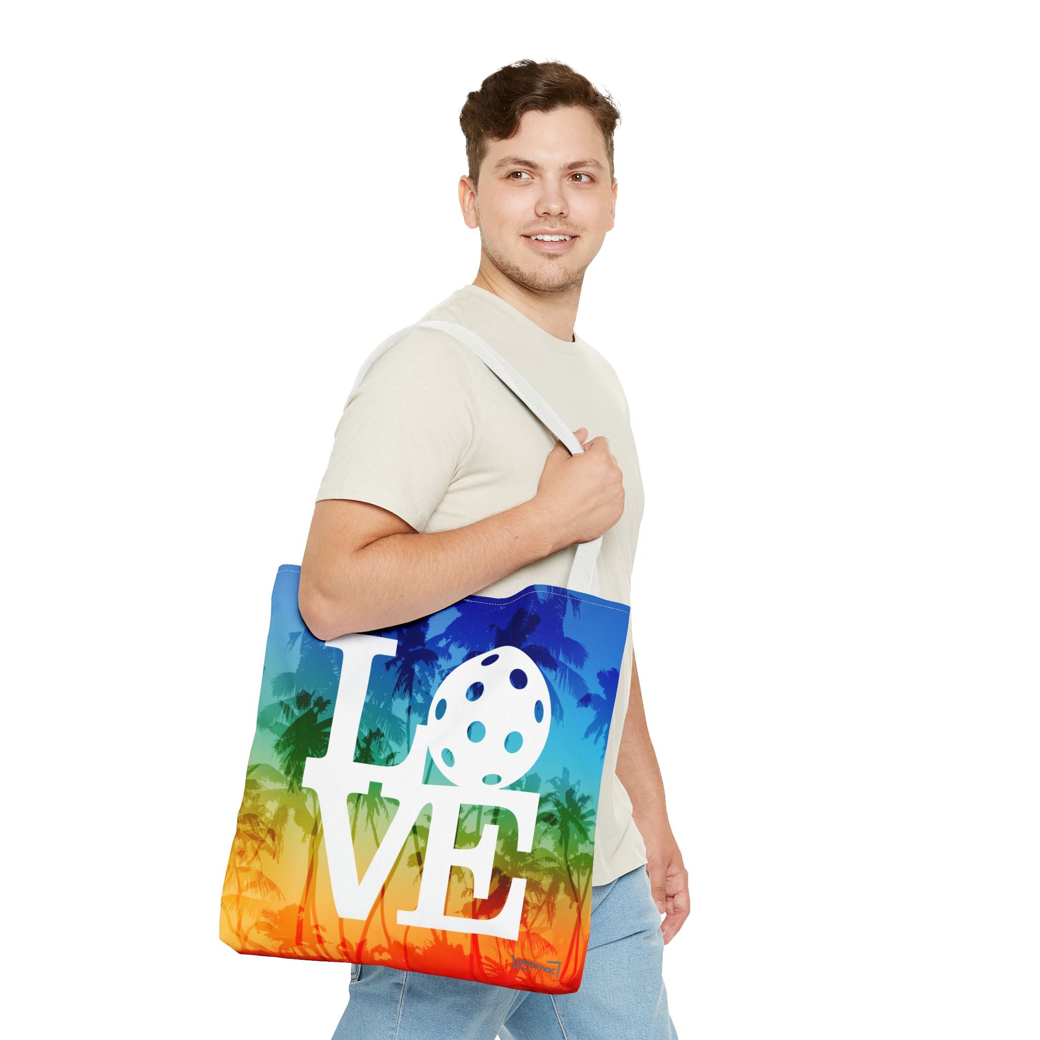Tropical Pickleball Love tote bag with palm and rainbow design, court-ready shoulder bag by Printify for sports and casual use.