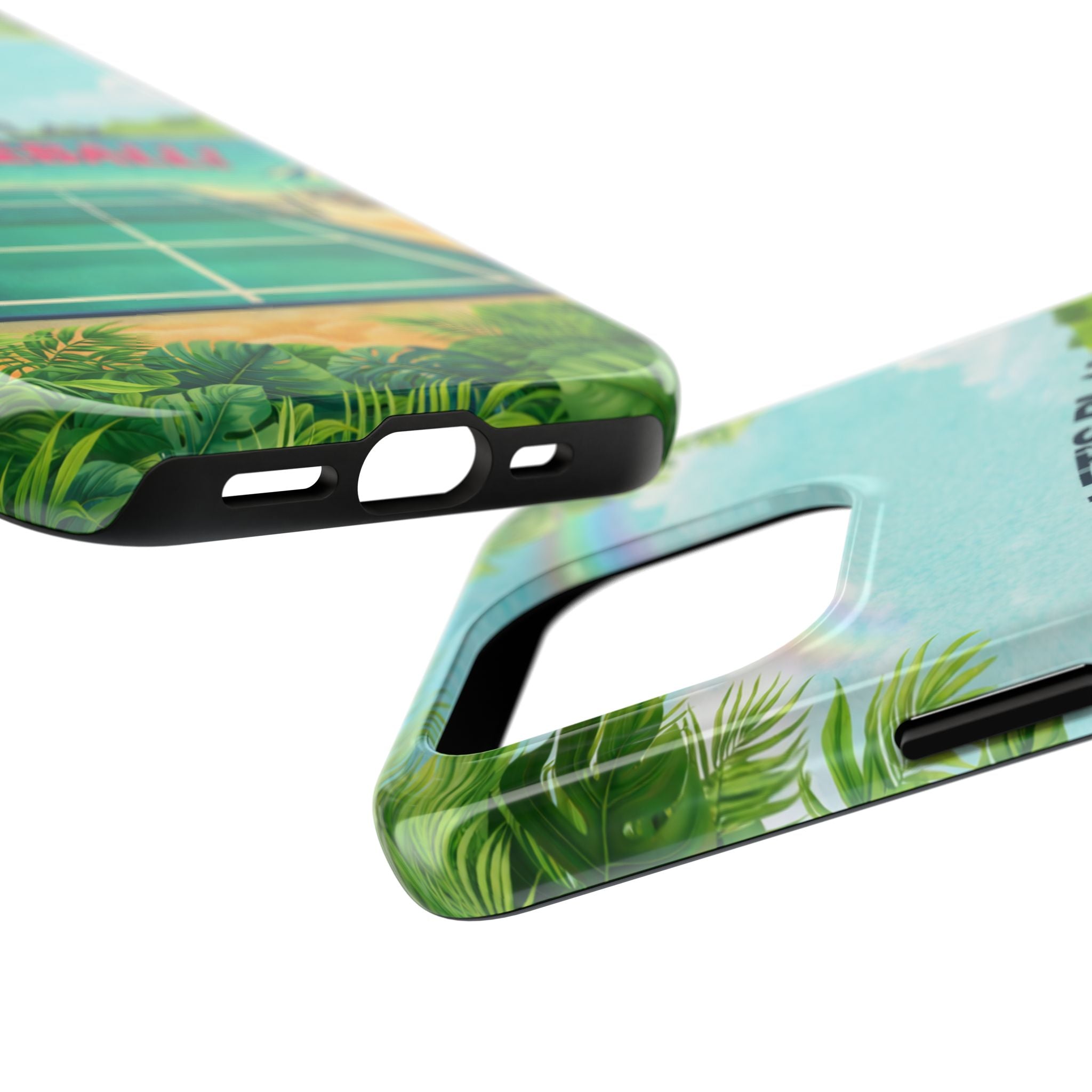 Let's Play Pickleball Tropical Tough Phone Case by Printify featuring a colorful beach court design for iPhone and Android.