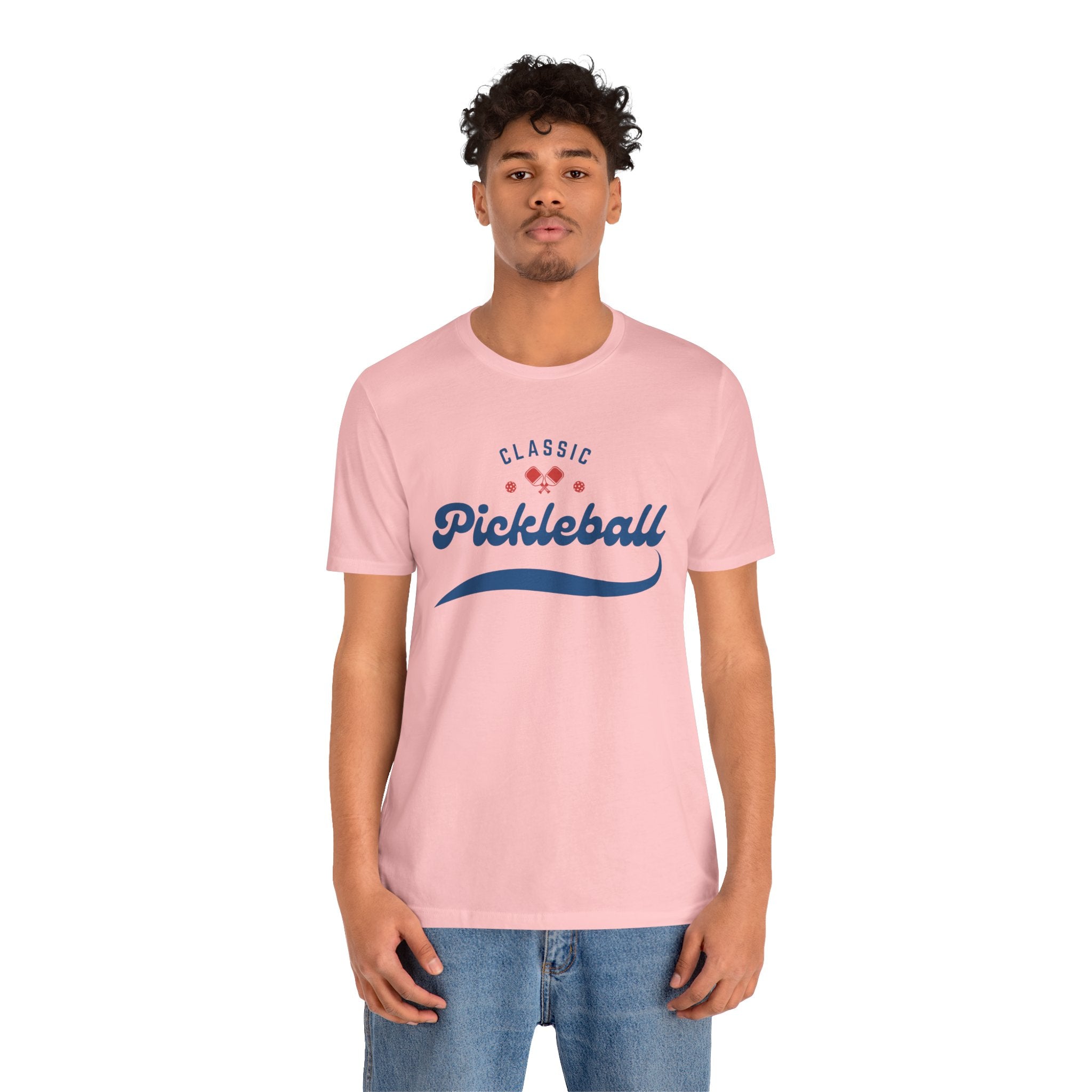 Red and blue pickleball T-shirt with paddle and ball design, featuring the Classic Pickleball Script Tee by Printify.