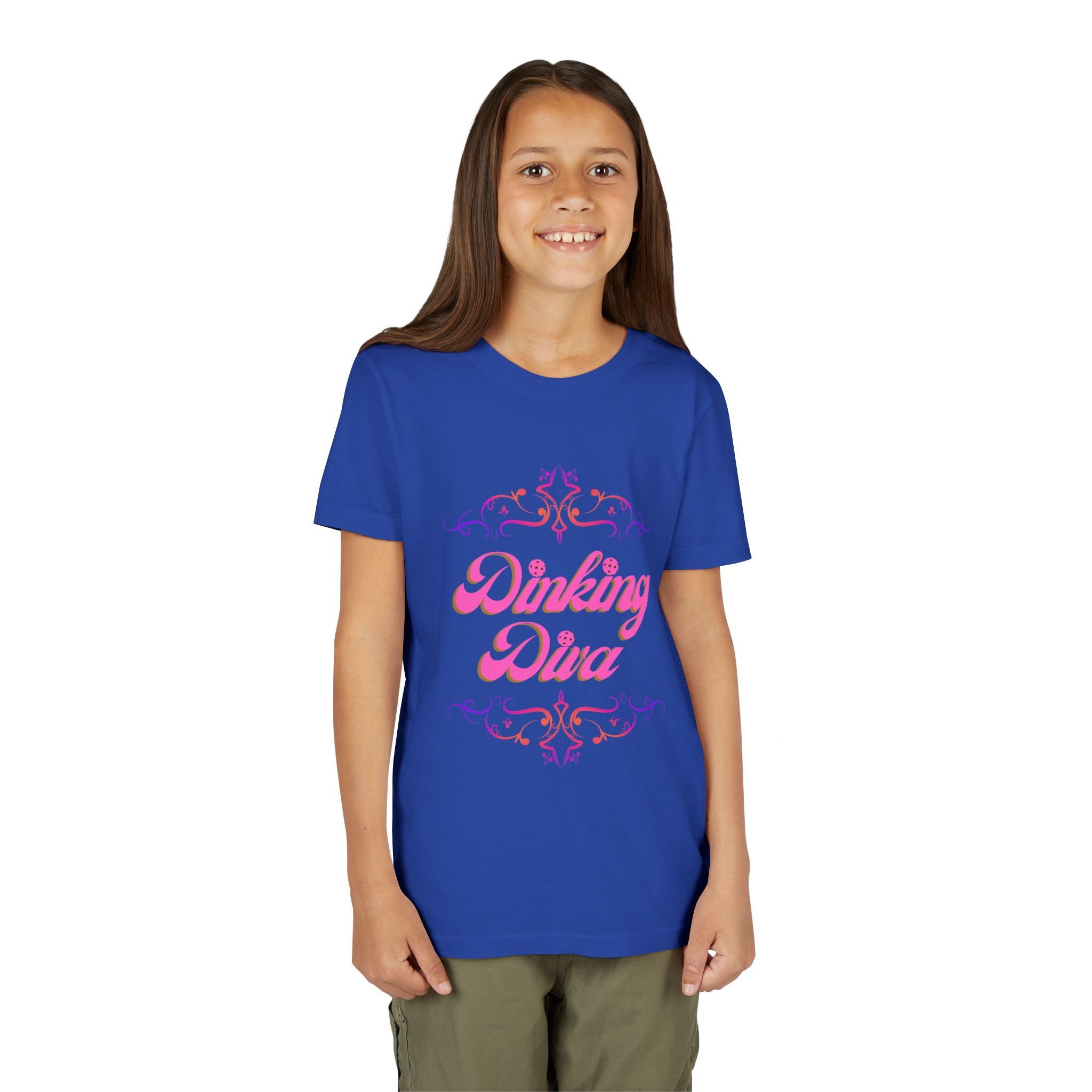 Pink Dinking Diva Youth Tee featuring a colorful pickleball design, perfect for kids' sports and casual wear.